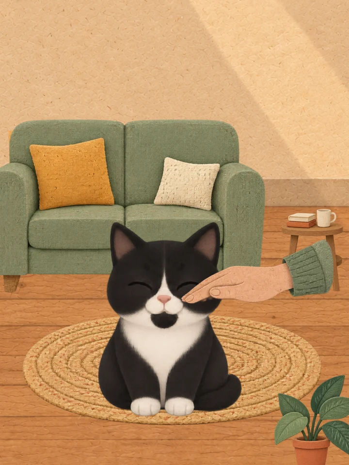 Example: Pepper the cat in the Little Theater living room, a paper hand stroking her head