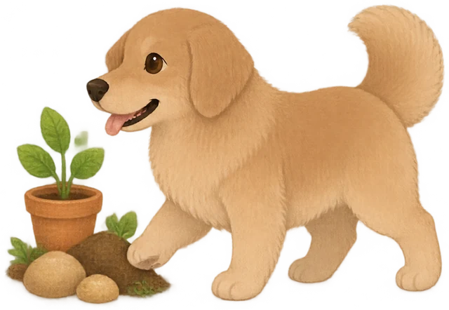 Example: Maple the dog beside a potted sprout and pebbles