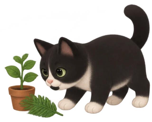 Example: Pepper the cat beside a little potted sprout